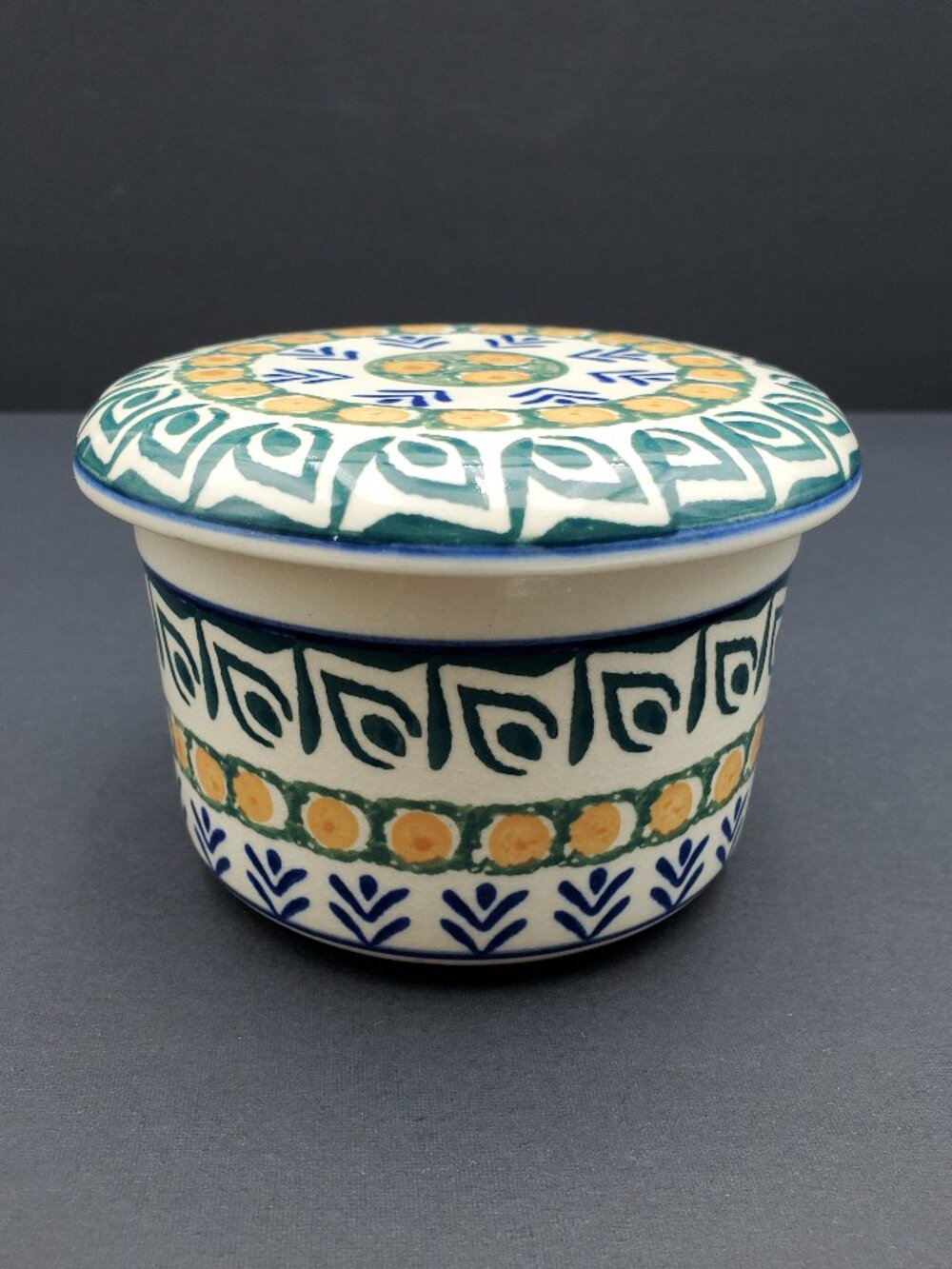 Polish Pottery Butter Bell Blue Flowers Green Leaves Gold Dots Crock